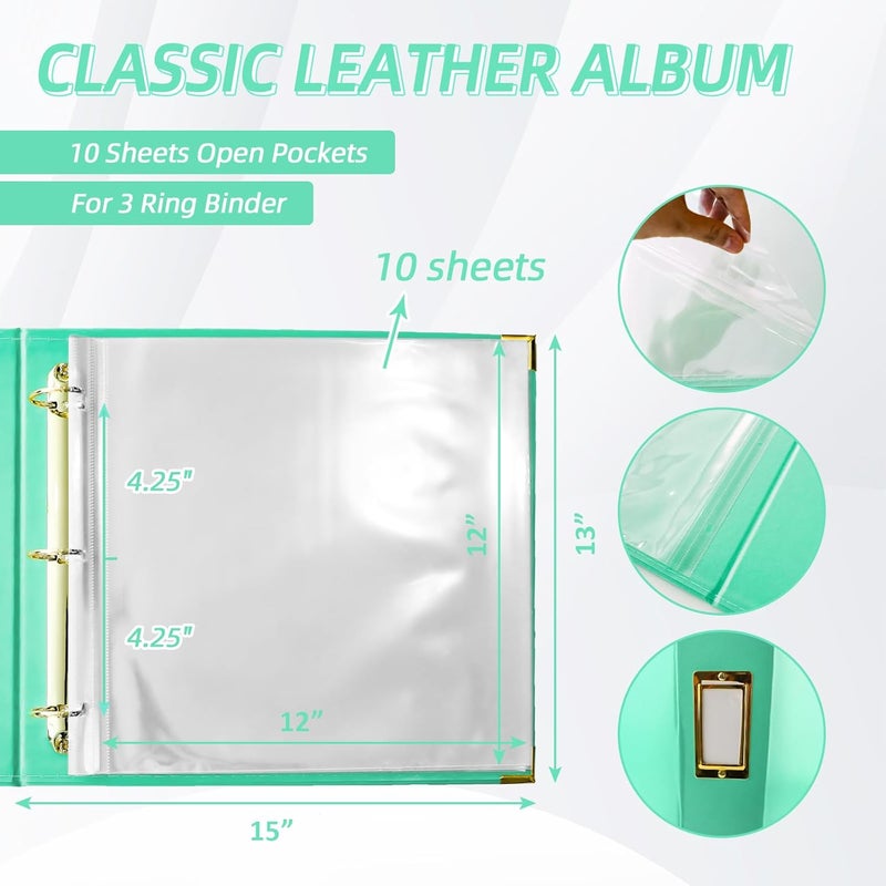 Craftask 12x12 Photo Album 3 Ring Binder, PU Leather Cover Scrapbook Album 12x12 D-Ring with 10 Scrapbook Refill Pages Protective Plastic Sleeves - Mint - Image 2